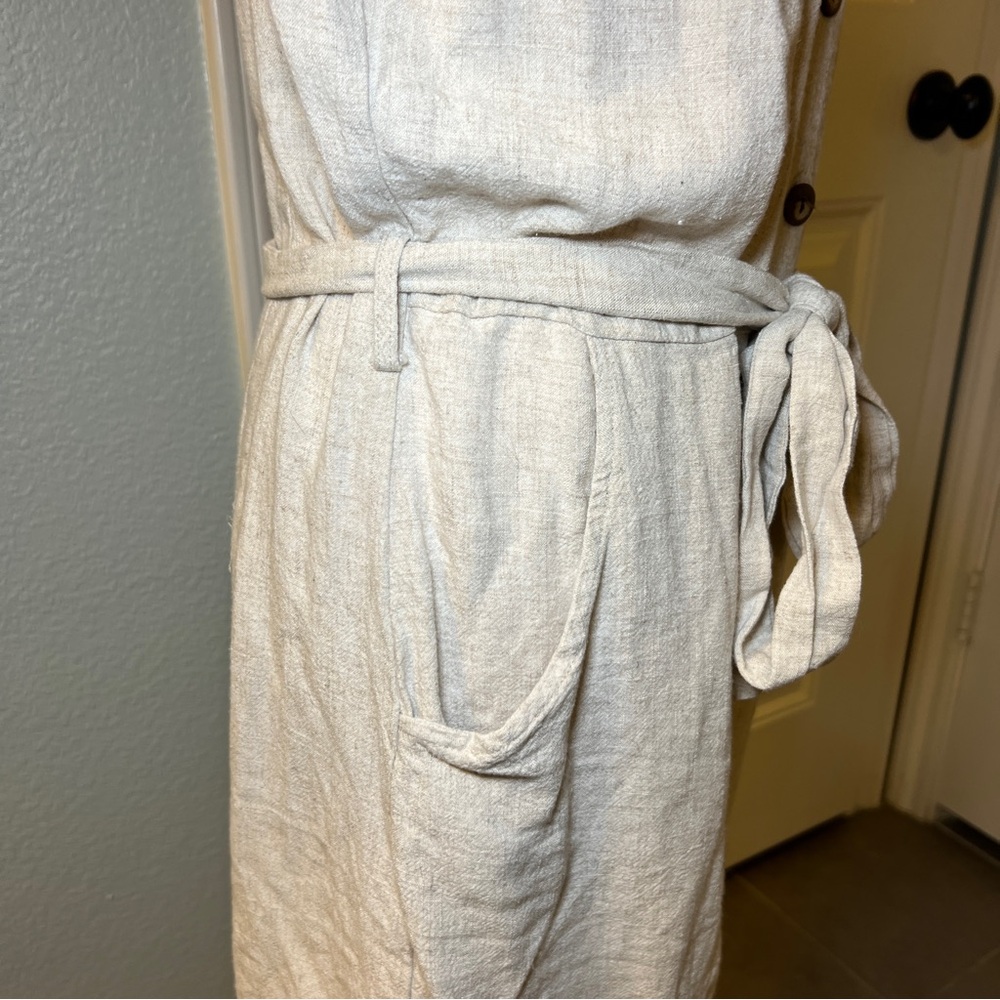 Women’s‎ Beige Linen Sleeveless Romper with Button Accents Tie Waist Size Large - Picture 9 of 14